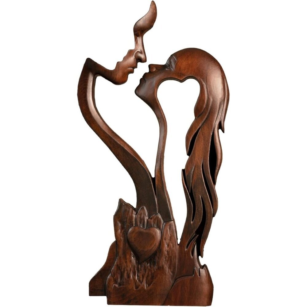 Wooden Kissing Couple Ornament Abstract Portrait Sculpture Statue Décor Gift